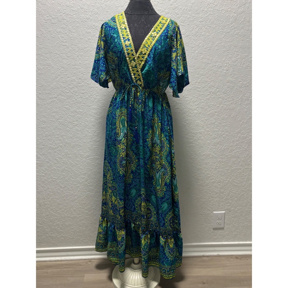 Nation AK Outfits Teal Yellow Paisley Mirror‎ Embroidered Boho Maxi Dress Medium